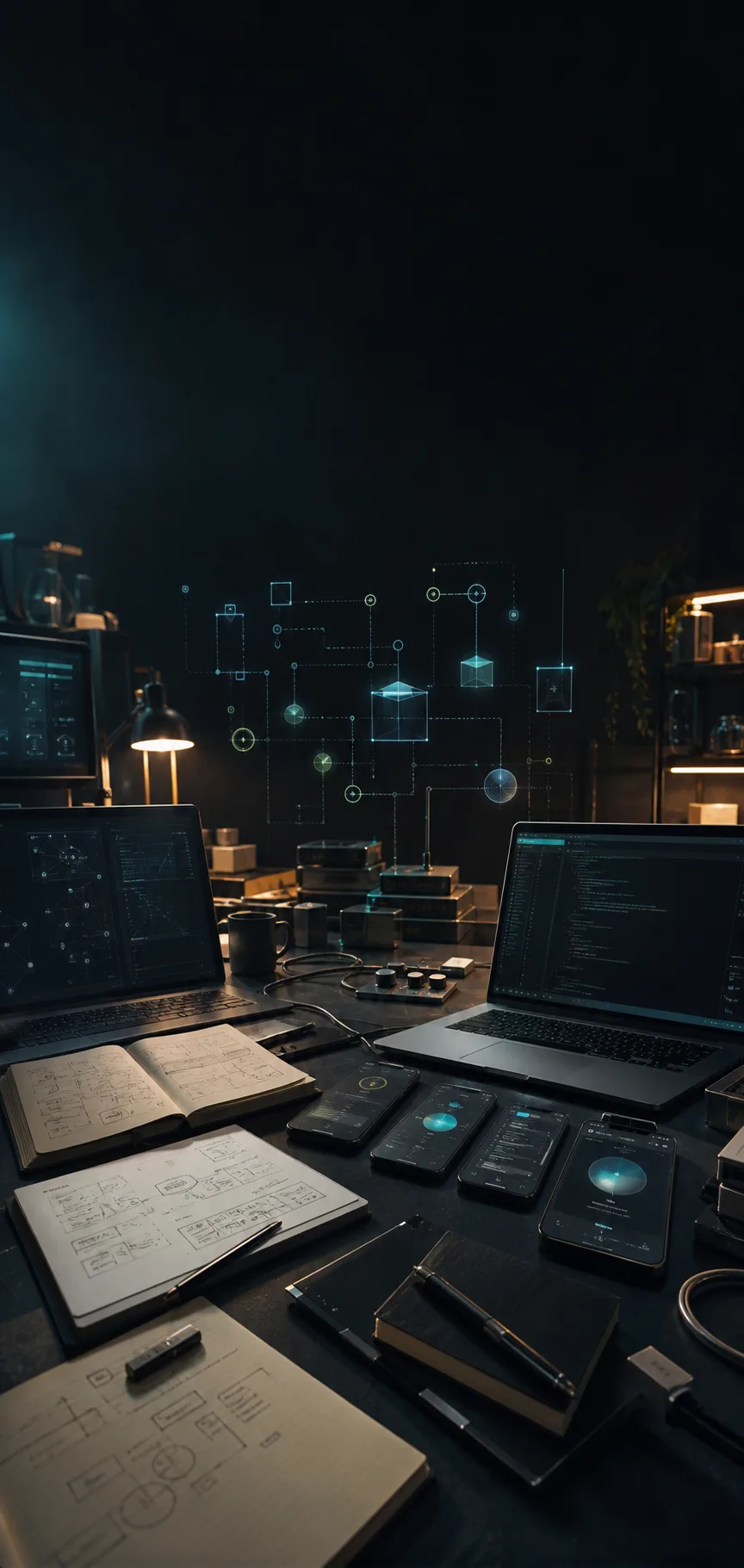 A dark AI product lab bench with devices, notebooks, and workflow light.