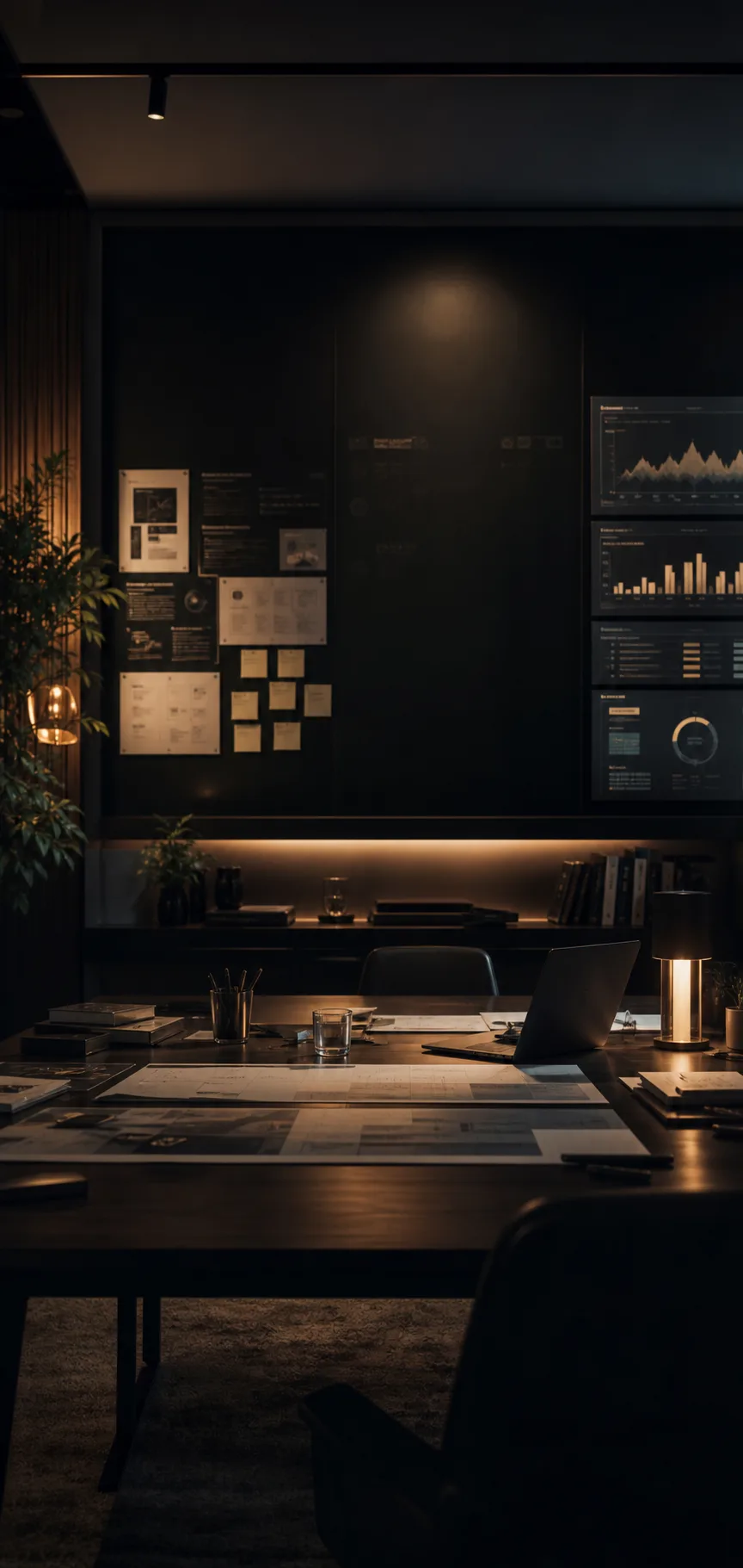A dark product strategy room with dashboards, notes, and a working table.